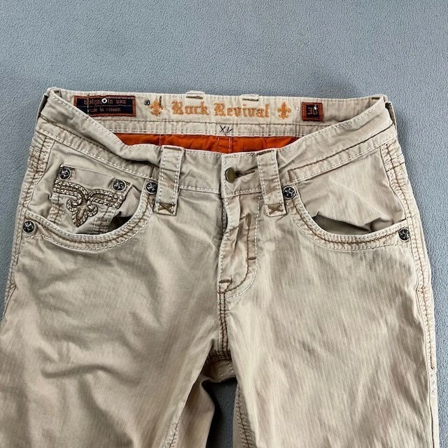 Pantalones Rock Revival Mujer 28x30 Caqui Pierna Recta Bordados Etiqueta 30 Foto 3 de 4