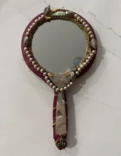 Handmade Handheld Beauty Mirror Embellished With Beads/Chains/Lace Fabric 
