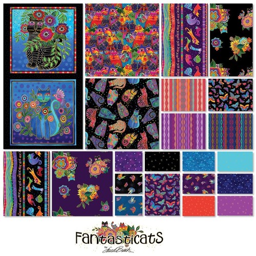 Laurel Burch Fantasticats picture Blocks Y4339-3M Black Gold Fabric Cats panel - Picture 2 of 3