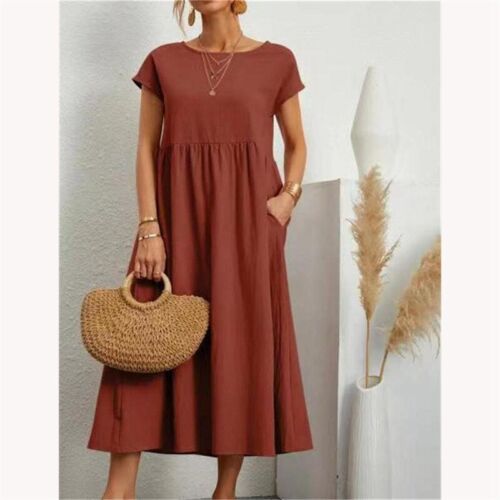 Abito donna midi a pieghe lino cotone casual swing estivo donna vacanze - Foto 16 di 26