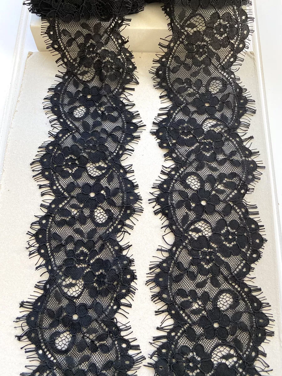 3 Yards Black Floral Eyelash Corded Lace Trim for Sewing/Bridal/Crafts/3.5  Wide