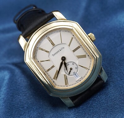 18k Gold Ladies Tiffany Watch Roman Dial Leather Strap Mark Coupe