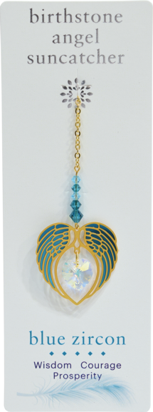 BLUE ZIRCON December Birthstone Gold Angel Wing Heart Suncatcher Hanging Crystal