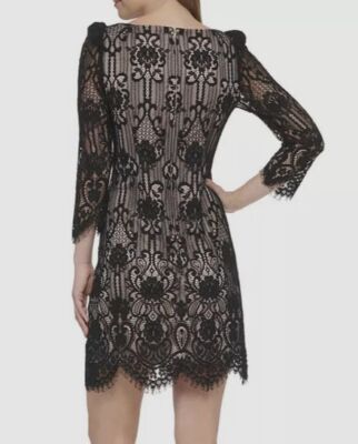Jessica Howard Women's Black Lace Boat-Neck Scallop-Edged Dress