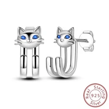 MULA S925 Sterling Silver Stud Earrings Blue AAA CZ Pretty Cat For Women Jewelry