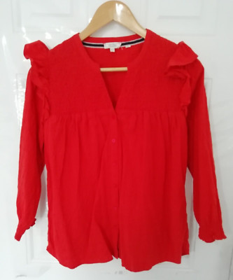 Fat Face Gr. 12 knallrot Shirt Bluse Top dehnbar Crinkle Knopfleiste Rüschen