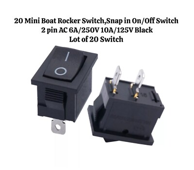 20 Mini Boat Rocker Switch,Snap in On/Off Switch 2 pin AC 6A/250V 10A/125V Black