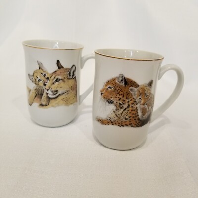 Fine Art Originals Mugs Pair Born Free Leopard & Lion Mother Baby Coffee Tea