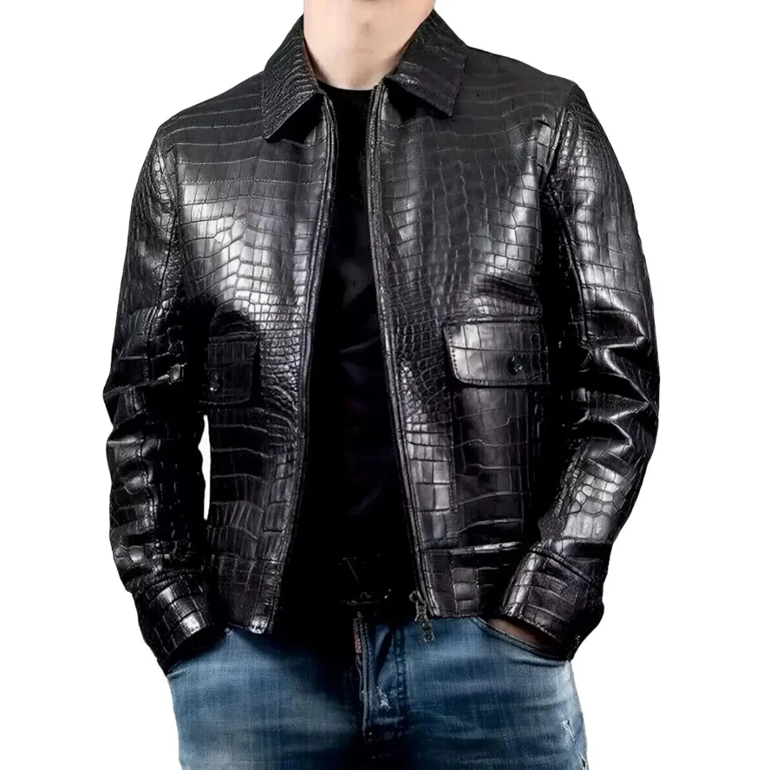 Men’s Black Croc Embossed Trucker Jacket Classic Biker Style Real Luxury Coat