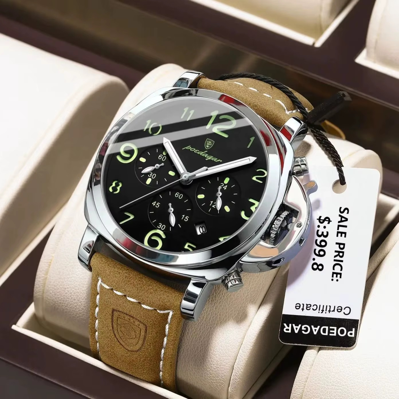 Montre homme quartz étanche avec cadran militaire et cuir