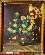 Oil painting signed and dated 1924 still life flowers in round vase light bloom