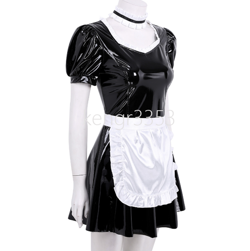 Sexy Womens French Maid Fancy Dress PVC Leather Uniform Cosplay Costume Outfit - Picture 2 of 5