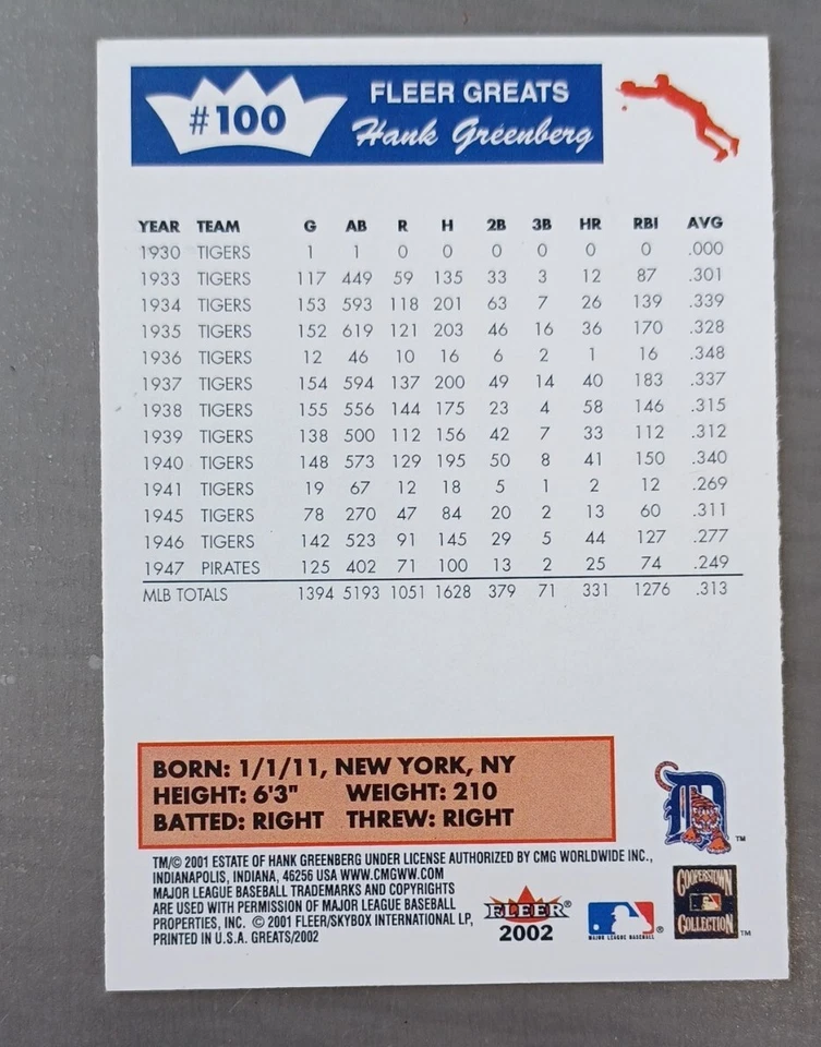 Hank Greenberg 2002 Fleer Greats of the Game #100 Detroit Tigers Baseball Card - Image 2 of 2