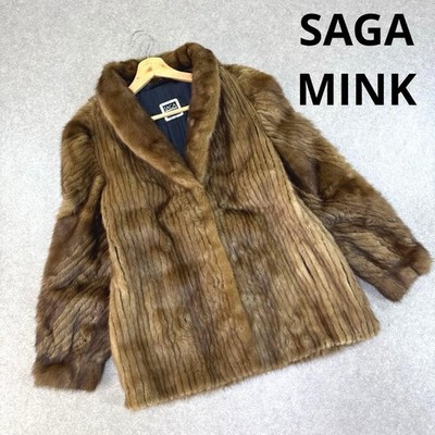 SAGA MINK Real Fur Coat Brown Size 11 L Korea Shoulder Hook Front 42cm/16.5in