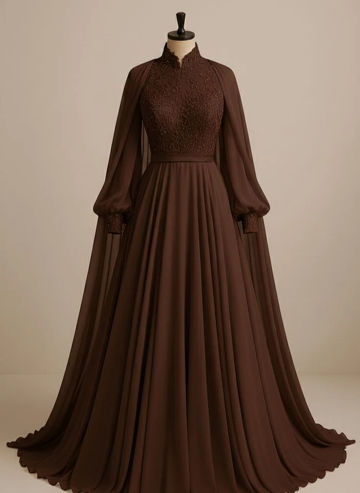 Chiffon Wedding Dresses with Cape Long Sleeeves Appliques Neck Bridal Gowns - Image 3 of 4