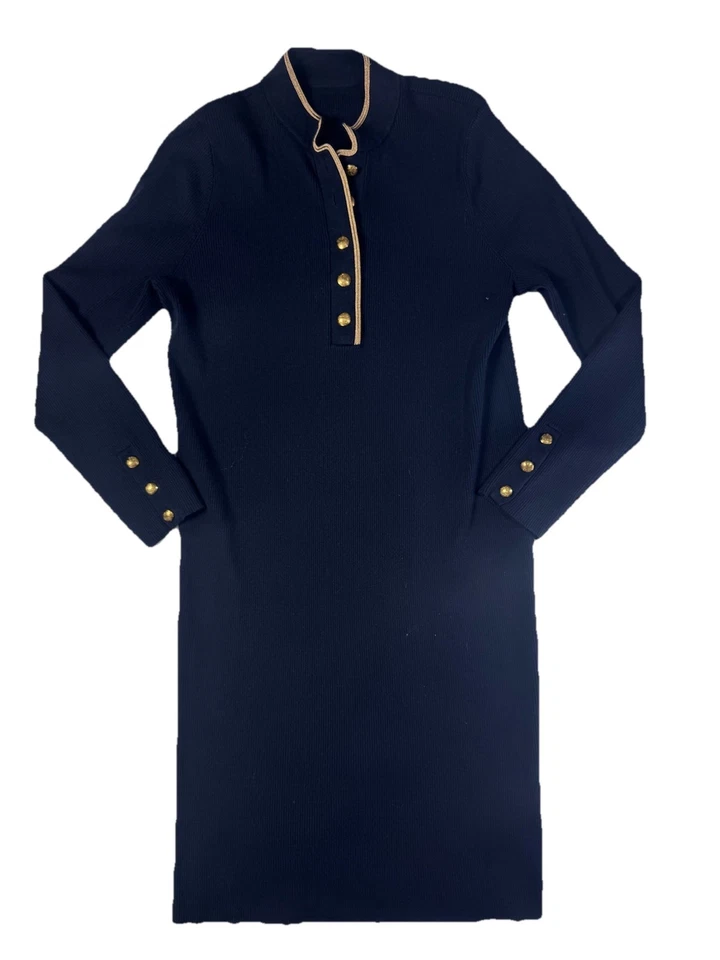 Lauren Ralph Lauren Navy Gold Button Sweater Dress Midi Knit Size Large Stretch - Image 3 of 4