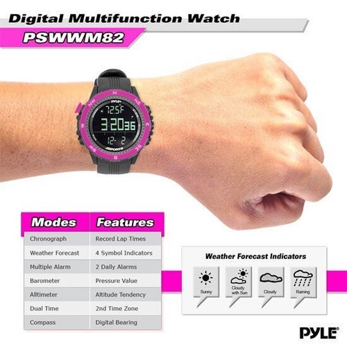 Pyle Digital Sport Watch W/ Altimeter Barometer & Weather Forecast PSWWM82PN - Picture 2 of 4