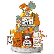 21 Pcs Thanksgiving Tiered Tray Decoration Set Fall Table Sign Pumpkins Farmh...