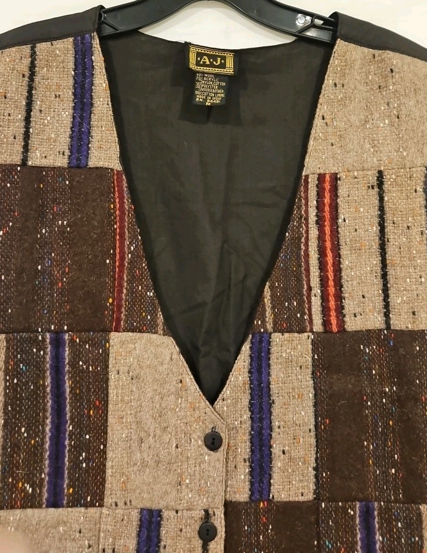 Vintage Patchwork Button Down Vest Medium Wool Tw… - image 6