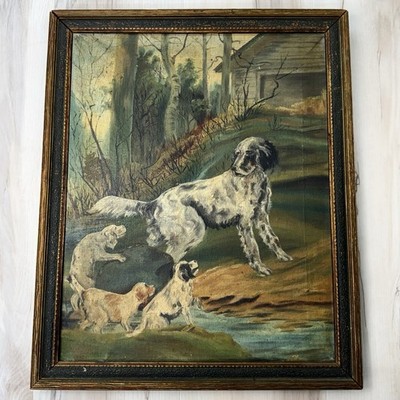 VTG Antique 19thC Sporting Oil Painting on Canvas English Setter Dog Pups Framed