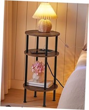 Round Side Table with Charging Station, Small Round End Rustic Brown  Black