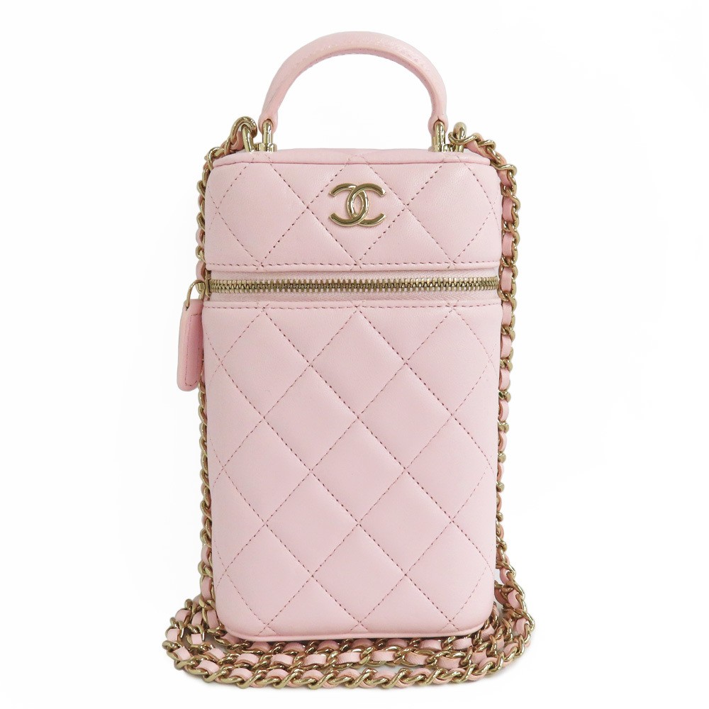 CHANEL Lambskin Pink Vanity Phone Case with Chain GD Hardware Model 32