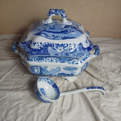 SPODE BLUE ITALIENISCHE GROSSE DECKEL SUPPENTERRINE SCHALE & SCHÖPFKELLE WEISS VINTAGE c2000s