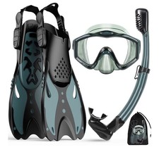 Mask Fins Snorkeling Gear for Adults,4 in 1 Snorkel Set with S/M, BLACK
