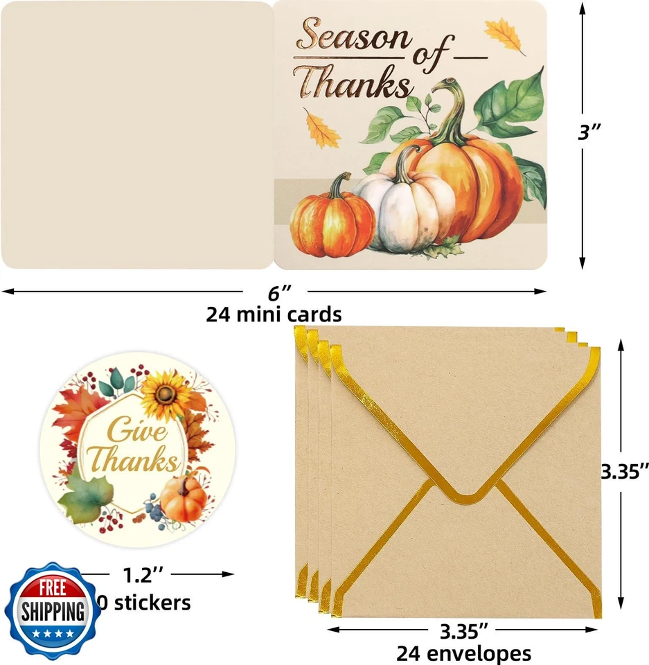 Paquete de 24 mini tarjetas de acción de gracias WorldBazaar con sobres lámina de oro verde otoño Foto 3 de 4