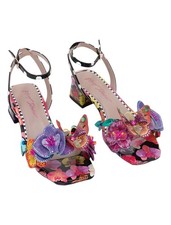 Betsey Johnson Maranda Black Multi Floral Butterfly Applique Block Heel Sz 7M