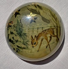 Vintage Dimensional Deer Winter Forest w/ Stars Round Domed Acrylic Paperweight
