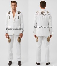 Men White 2Pc Customized White Piping Floral Embroidered Vintage Style Cowboy