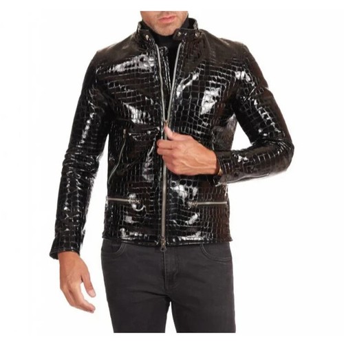 Chaqueta de moto de charol negro en relieve cocodrilo para hombre - Imagen 3 de 12