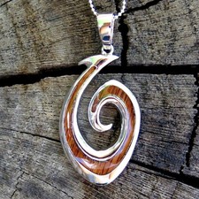 Hawaiian Jewelry Koa Wood Fish Hook Rhodium Silver Plated Brass Pendant BRP1085