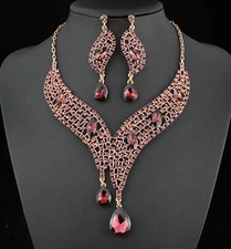 Teardrop Amethyst Austrian Rhinestones Crystal Necklace Earrings Set Prom N926