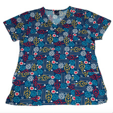 Zoe  Chloe Scrubs Shirt Teal Green Blue Feathers Geometric Small Nurse Vet