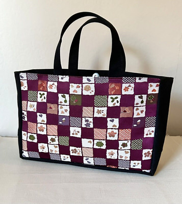 Japanese Nishijin Ori Kinran Tote Bag Burgundy Black Ichimatsu Floral Accents