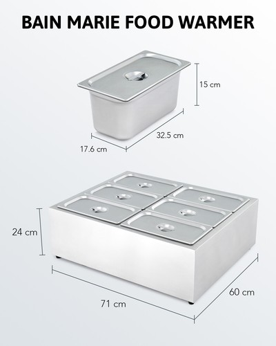 WILPREP Electric Food Warmer Set 1500W 37L Buffet Server Bain Marie 6x1/3 Pans - Picture 8 of 10