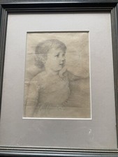 Vintage Portrait Drawing In Pencil of A Child on Paper Framed Original.