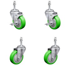 4 Inch SS Green Polyurethane Swivel 10mm Threaded Stem Caster Set 2 Brake SCC