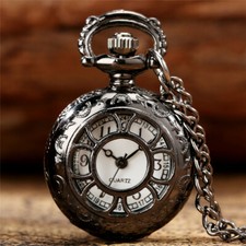 Mini Quartz Pocket Watch Hollow Flower Case Vintage Pendant Chain Steampunk Gift