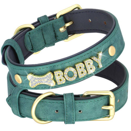 Personalized Dog Collar Soft Leather Padded Bling Rhinestone Name Letters Charms - Picture 21 of 24
