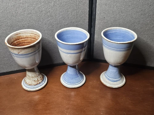 3 Vintage Coiner Deneen Pottery HandThrown Chalices Drinking Goblets