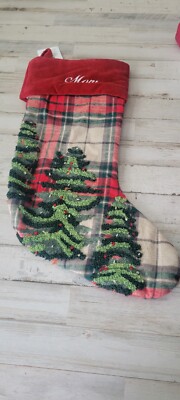 Pottery Barn Forest Plaid Christmas Tree Stocking Monogrammed ''Mom''
