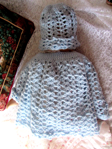 Handarbeit Babyset, Pullover, Motorhaube, blau, Satin Rosenknospen Zierleisten, Neugeborene - Bild 5 von 10