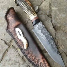 Deer Antler Handle Hunting Knife Damascus Stag Horn Outdoors