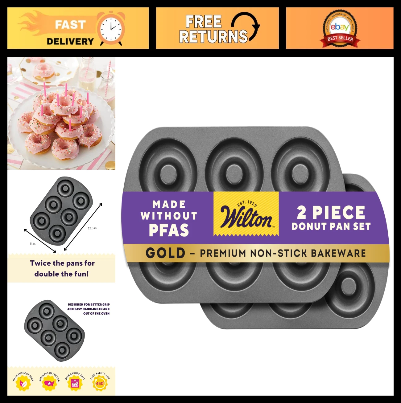 Non-Stick 2 Piece Donut Pan Set, Stainless Steel Bakeware, PFAS-Free, Baking Mol