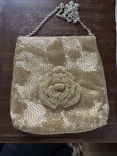 Vintage GOLD BEADED EVENING BAG Purse Hand Made KOREA 1950’s Nice Shape Sparkle - Picture 2 of 12