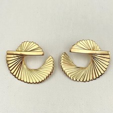 Vintage Gold Tone Abstract Ribbon Fan Statement Dangle Earrings Jewelry Y2K 80s