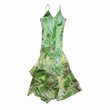 René Derhy Y2K Green Marble Baroque Floral Chiffon Midi Dress Ruffle Hem S/M